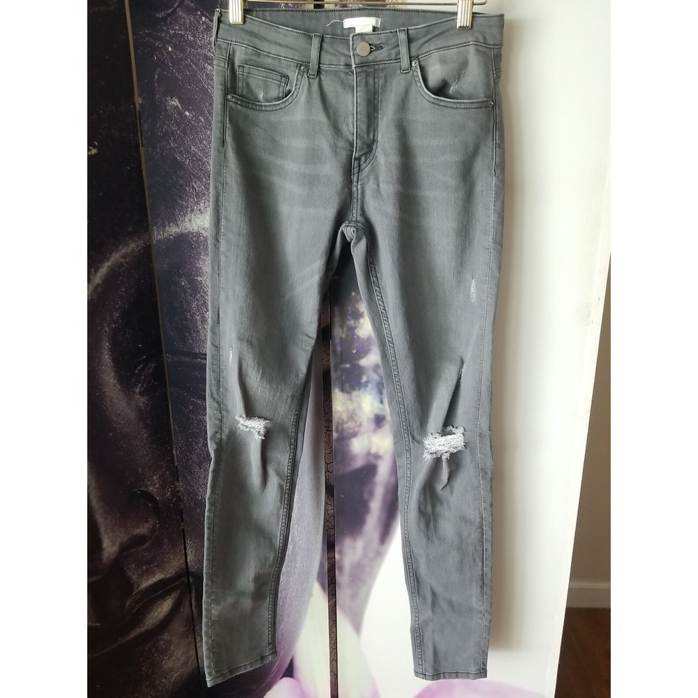 H&M &Denim Jeans Womens Size 8 Gray Skinny Ankle High Waist Distressed Denim